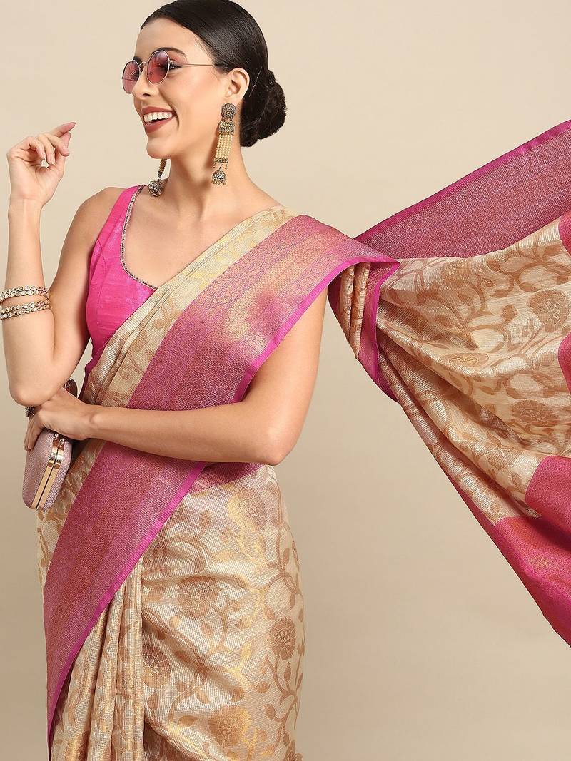 Pink woven tissue party wear saree with blouse piece