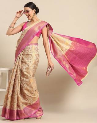 Pink woven tissue party wear saree with blouse piece 2