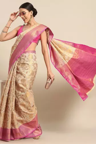 Pink woven tissue party wear saree with blouse piece