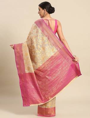 Pink woven tissue party wear saree with blouse piece 3