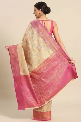 Pink woven tissue party wear saree with blouse piece
