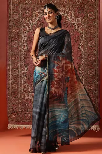 Grey printed cotton blend ethnic saree with blouse piece