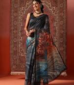 Grey printed cotton blend ethnic saree with blouse piece