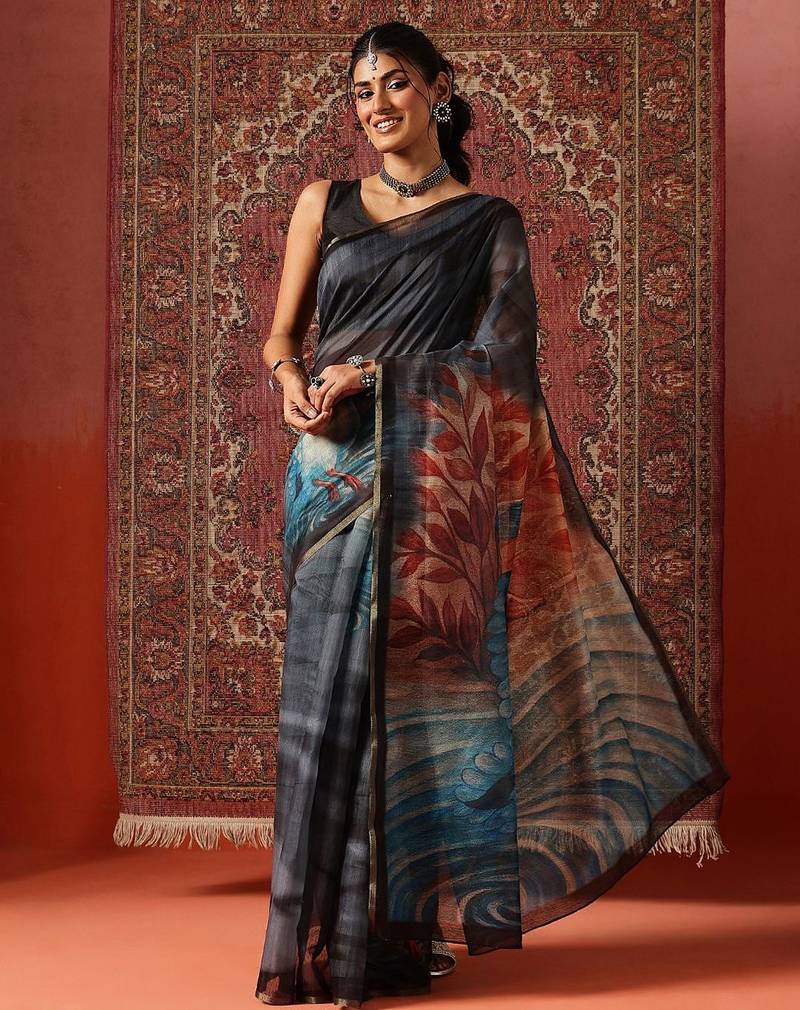 Grey printed cotton blend ethnic saree with blouse piece