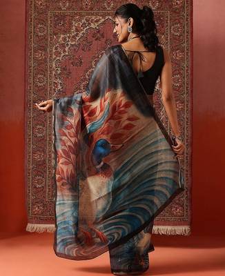 Grey printed cotton blend ethnic saree with blouse piece 2