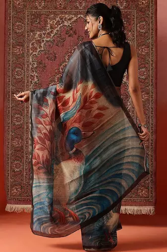 Grey printed cotton blend ethnic saree with blouse piece