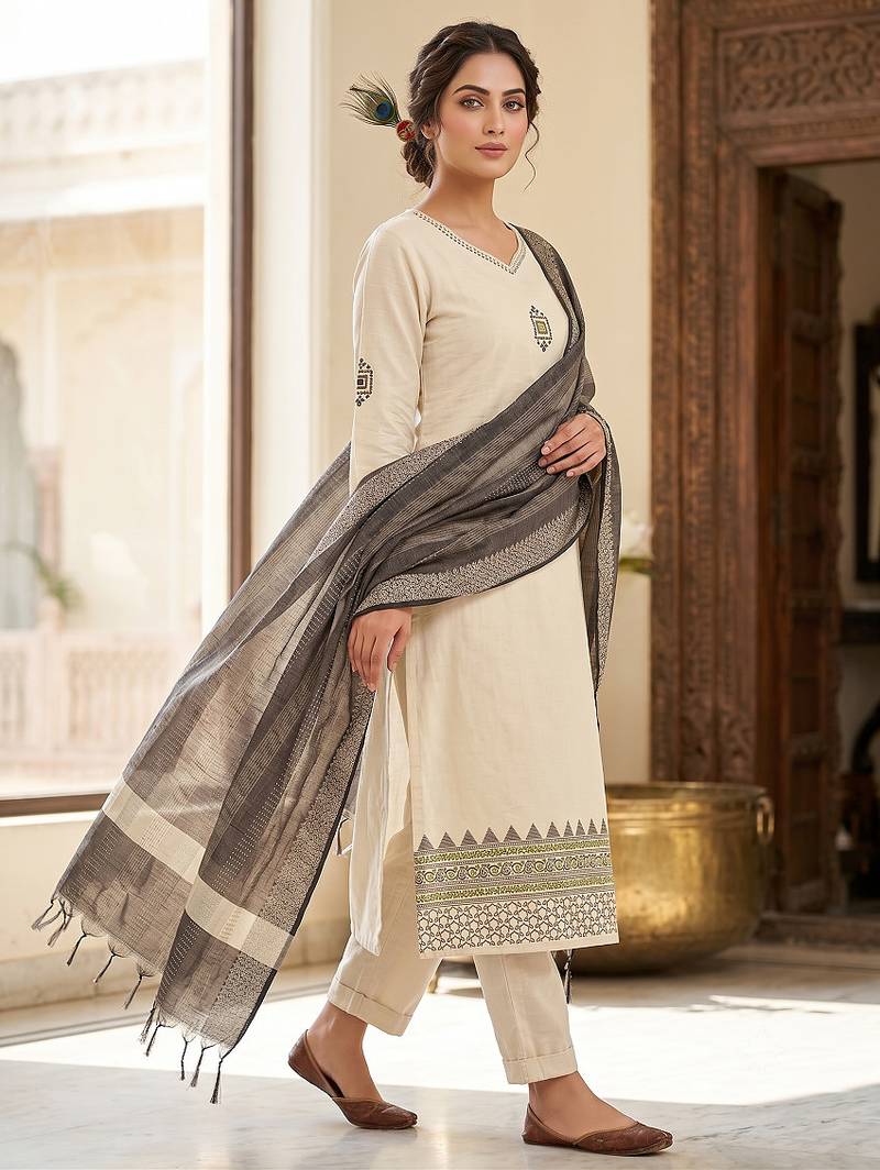 Cream cotton straight kurta pant set with charcoal grey dupatta
