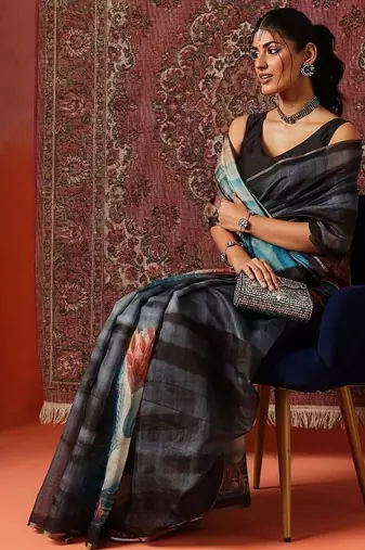 Grey printed cotton blend ethnic saree with blouse piece