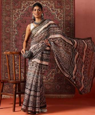 Brown printed cotton blend ethnic saree with blouse piece 1