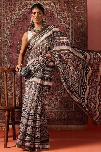 Brown printed cotton blend ethnic saree with blouse piece