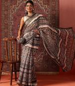 Brown printed cotton blend ethnic saree with blouse piece