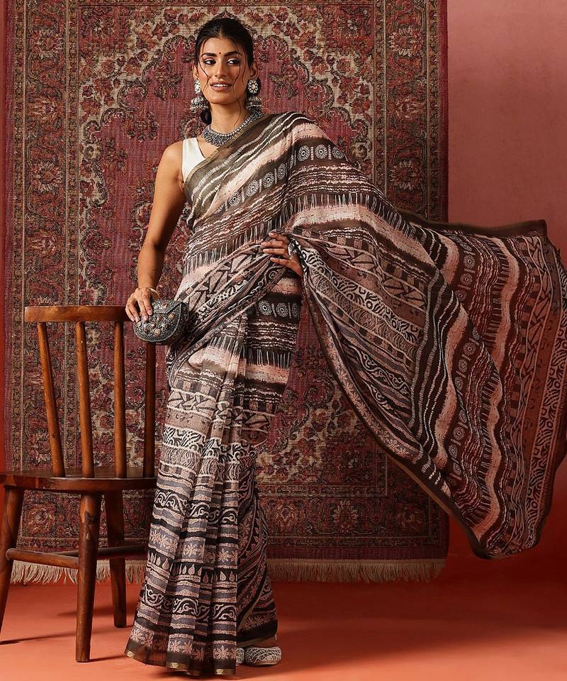 Brown printed cotton blend ethnic saree with blouse piece