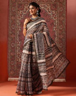 Brown printed cotton blend ethnic saree with blouse piece 2