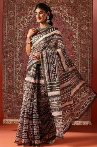 Brown printed cotton blend ethnic saree with blouse piece