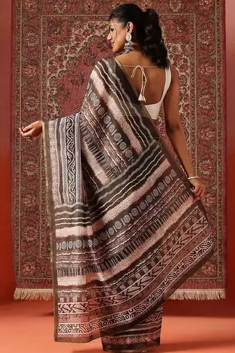 Brown printed cotton blend ethnic saree with blouse piece