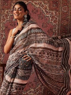 Brown printed cotton blend ethnic saree with blouse piece 4