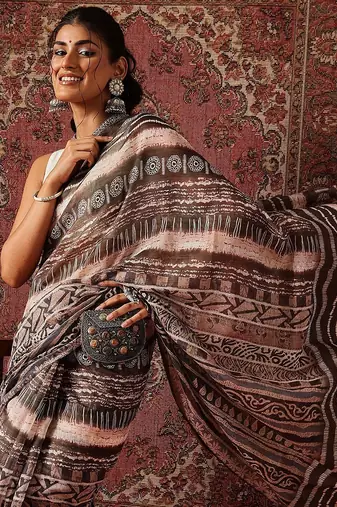 Brown printed cotton blend ethnic saree with blouse piece