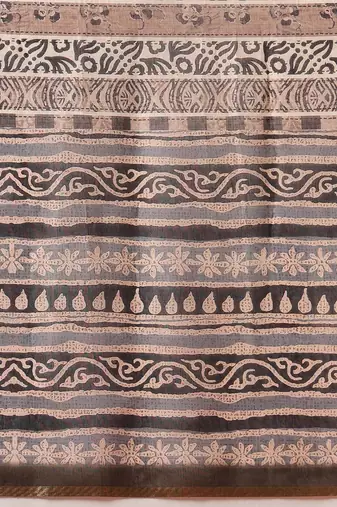 Brown printed cotton blend ethnic saree with blouse piece