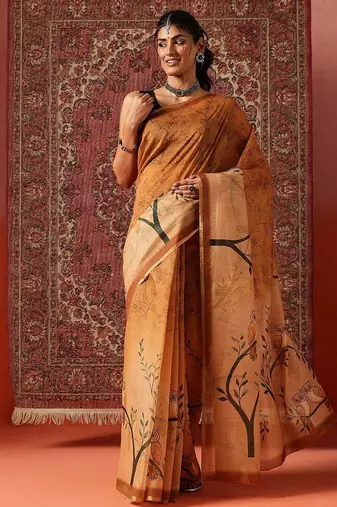 Orange printed cotton blend ethnic saree with blouse piece