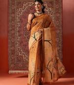 Orange printed cotton blend ethnic saree with blouse piece