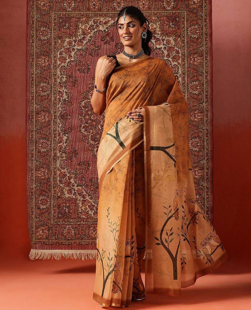 Orange printed cotton blend ethnic saree with blouse piece