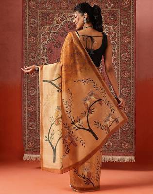 Orange printed cotton blend ethnic saree with blouse piece 2
