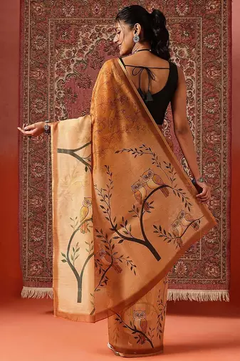 Orange printed cotton blend ethnic saree with blouse piece