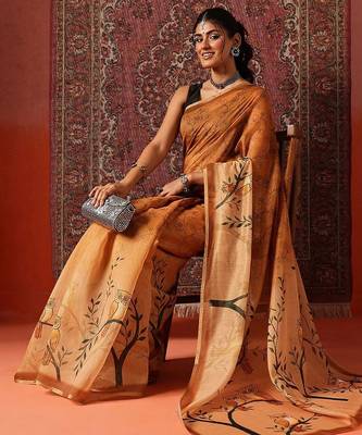 Orange printed cotton blend ethnic saree with blouse piece 3
