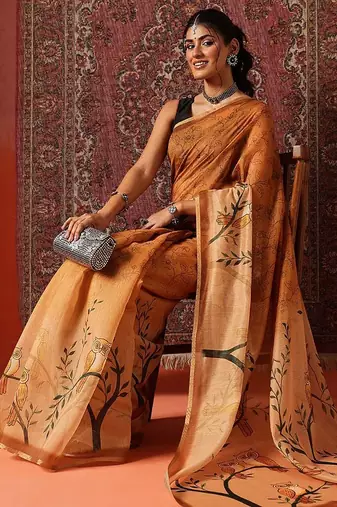 Orange printed cotton blend ethnic saree with blouse piece