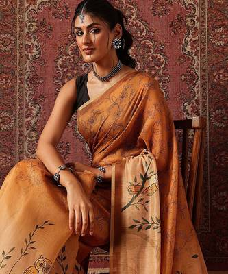 Orange printed cotton blend ethnic saree with blouse piece 4
