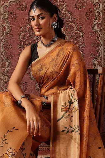 Orange printed cotton blend ethnic saree with blouse piece