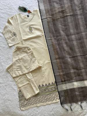 Cream cotton straight kurta pant set with charcoal grey dupatta 4