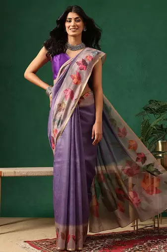 Purple printed cotton blend ethnic saree with blouse piece