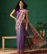 Purple printed cotton blend ethnic saree with blouse piece