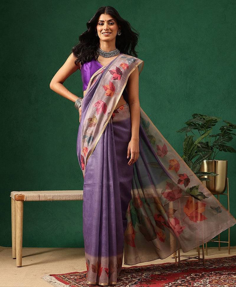 Purple printed cotton blend ethnic saree with blouse piece