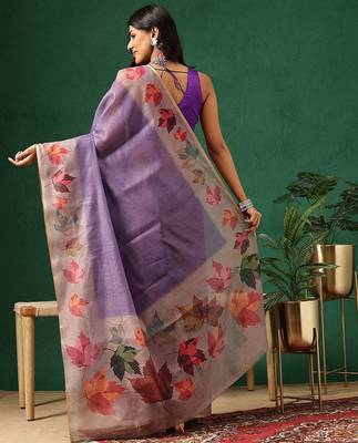 Purple printed cotton blend ethnic saree with blouse piece 2