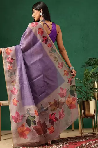 Purple printed cotton blend ethnic saree with blouse piece