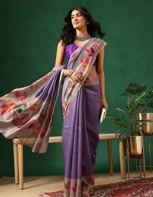 Purple printed cotton blend ethnic saree with blouse piece 3