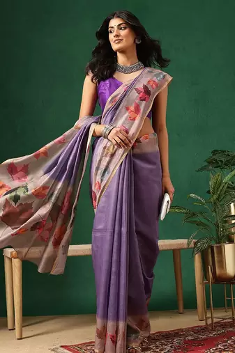 Purple printed cotton blend ethnic saree with blouse piece