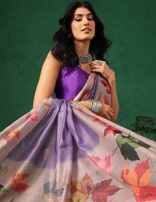 Purple printed cotton blend ethnic saree with blouse piece 4