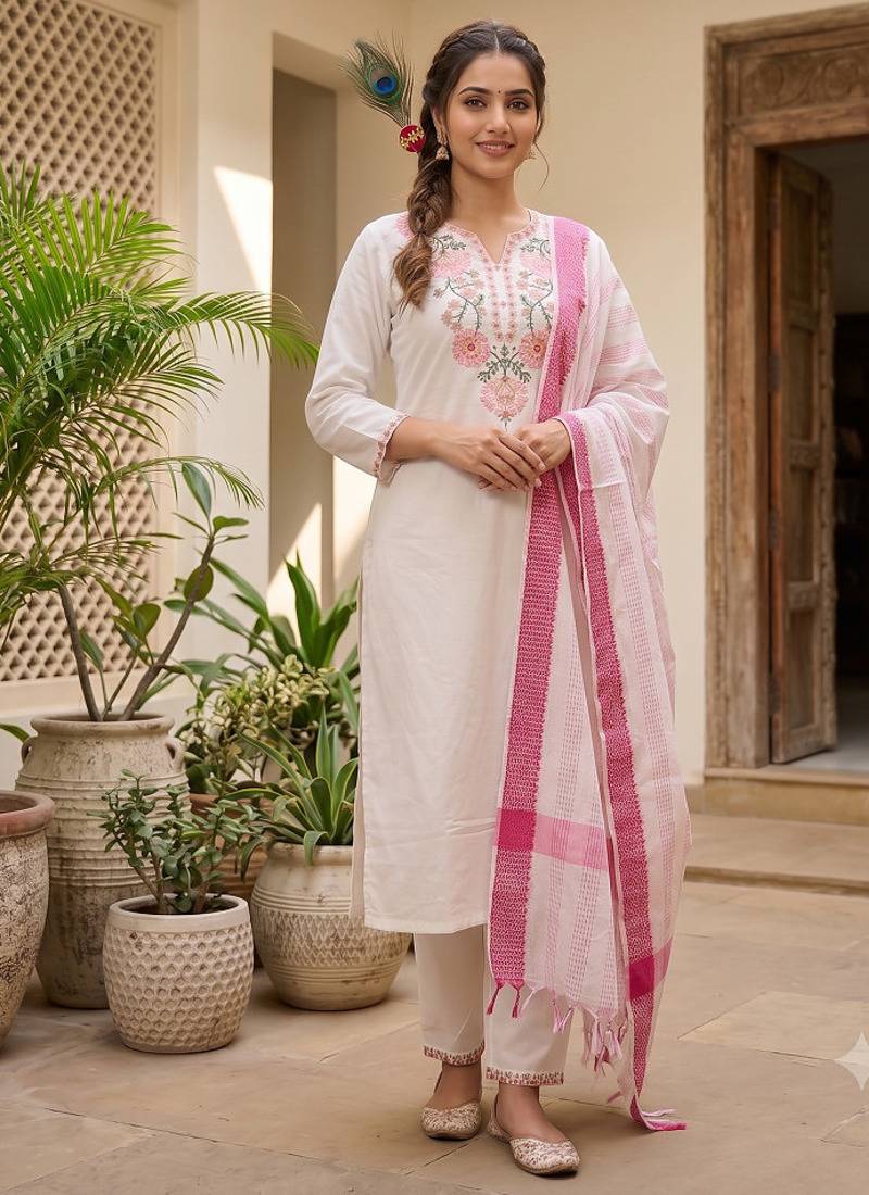 Off-white cotton straight kurta pant set with rani pink dupatta