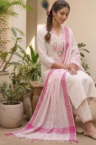 Off-white cotton straight kurta pant set with rani pink dupatta