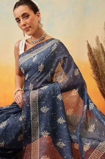 Blue printed cotton blend ethnic saree with blouse piece