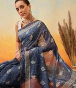 Blue printed cotton blend ethnic saree with blouse piece