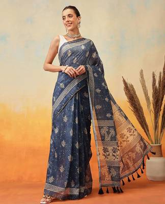 Blue printed cotton blend ethnic saree with blouse piece 2