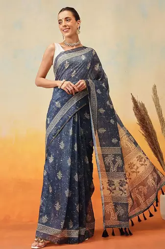 Blue printed cotton blend ethnic saree with blouse piece