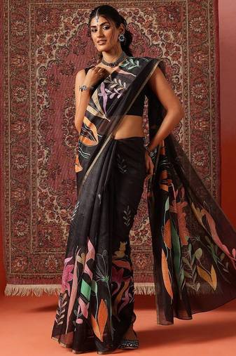 Black printed cotton blend ethnic saree with blouse piece