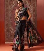 Black printed cotton blend ethnic saree with blouse piece