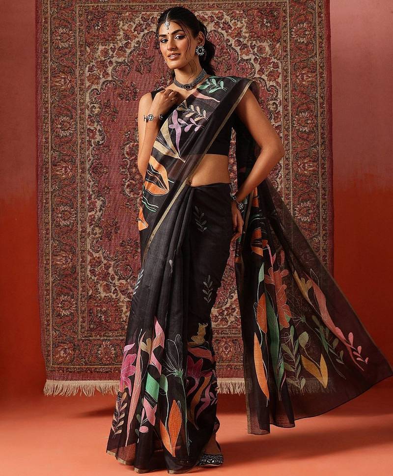 Black printed cotton blend ethnic saree with blouse piece