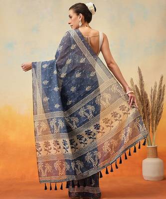 Blue printed cotton blend ethnic saree with blouse piece 3